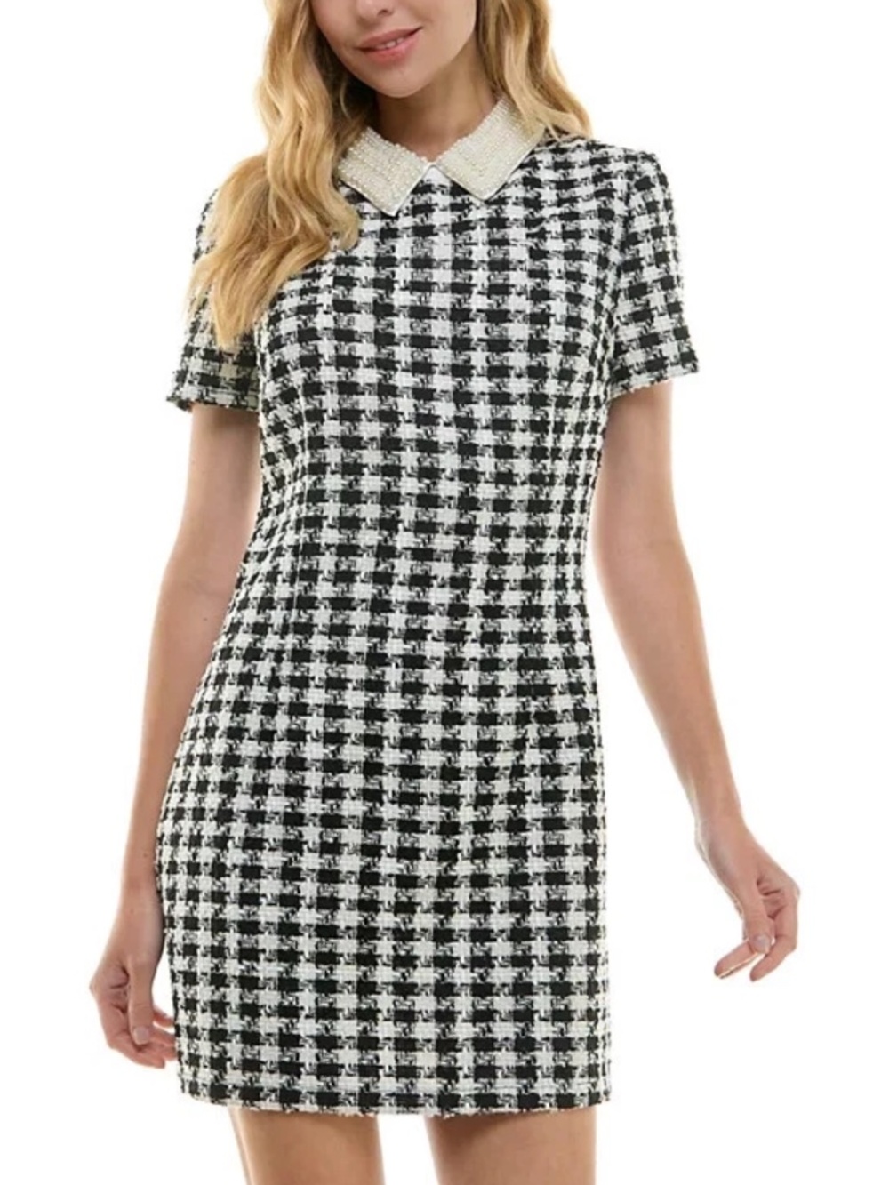 City Studios Juniors' Pearl Embellished-Collar Dress, Black/Ivory, 11/12